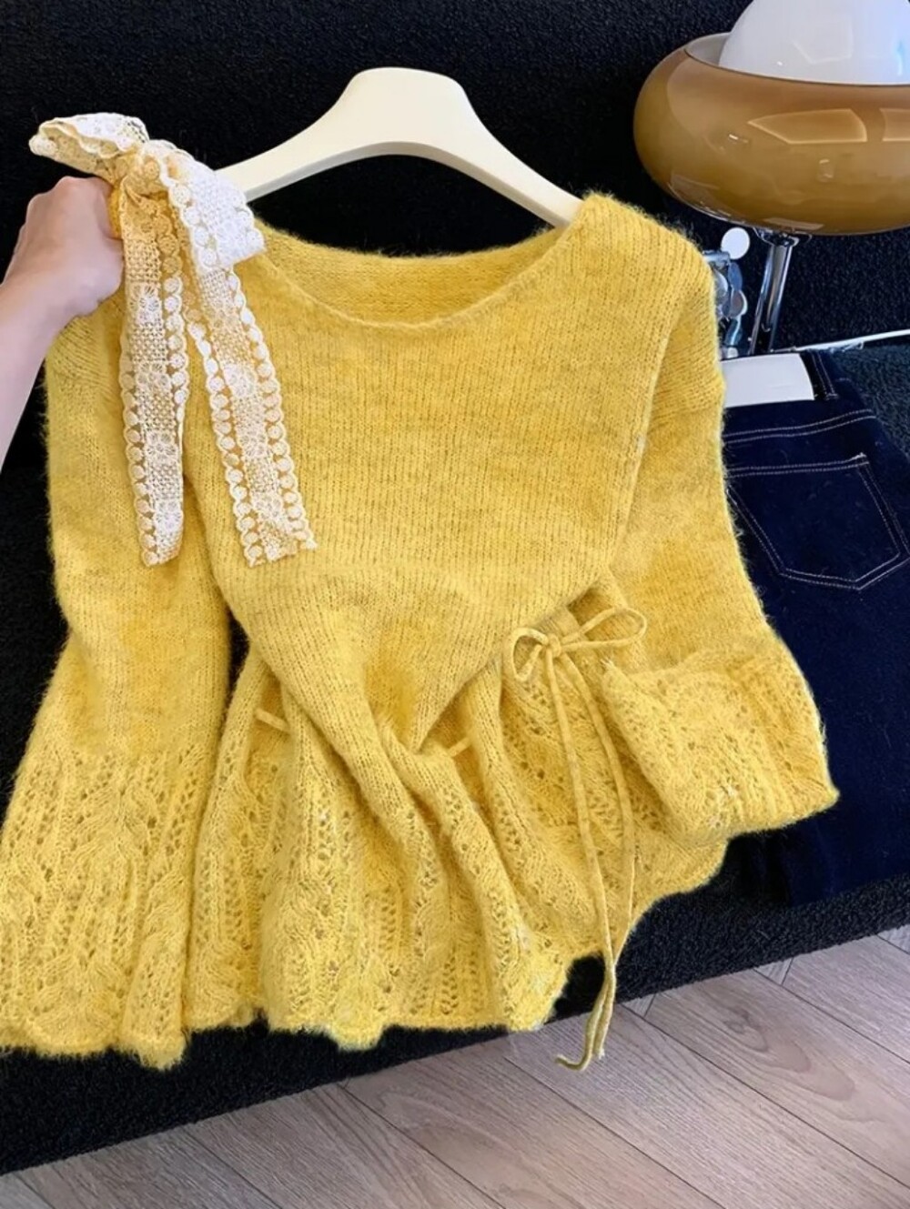 2026 Autumn Winter New Women'S Sweater Single-Sided Lace Bow Tie Drawstring